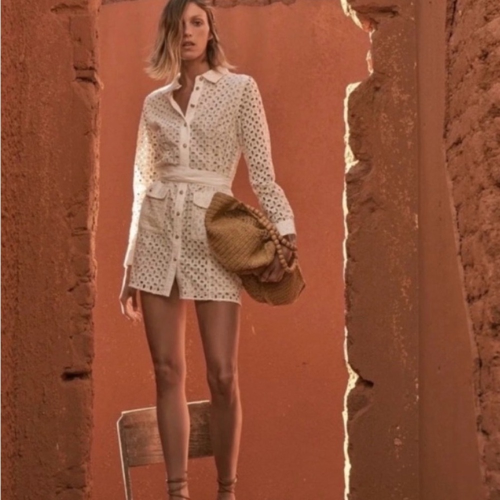 Zara off white eyelet cut work collar long sleeve shirt mini dress waist tie XS